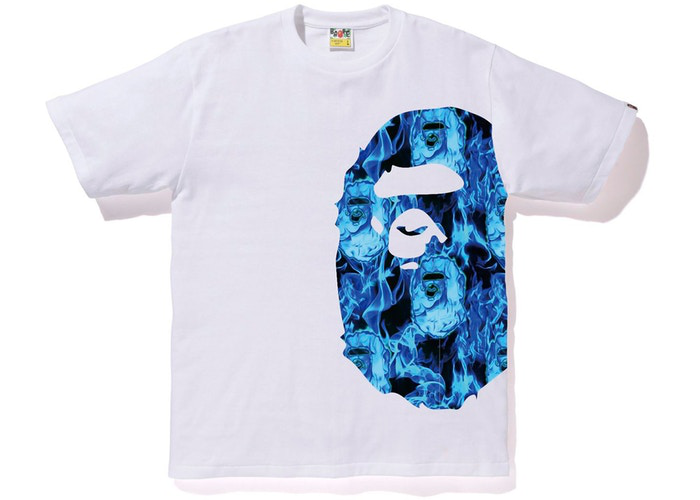 T-shirt BAPE Flame Side Big Ape Head Blanc/Bleu Taille XL