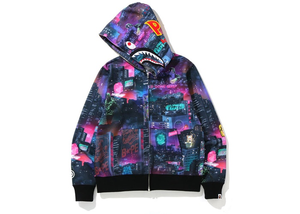 Sweat à capuche zippé large BAPE Neon Tokyo Shark Noir Taille S