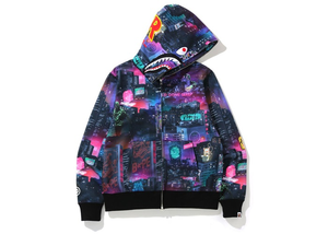 Sweat à capuche zippé large BAPE Neon Tokyo Shark Noir Taille S